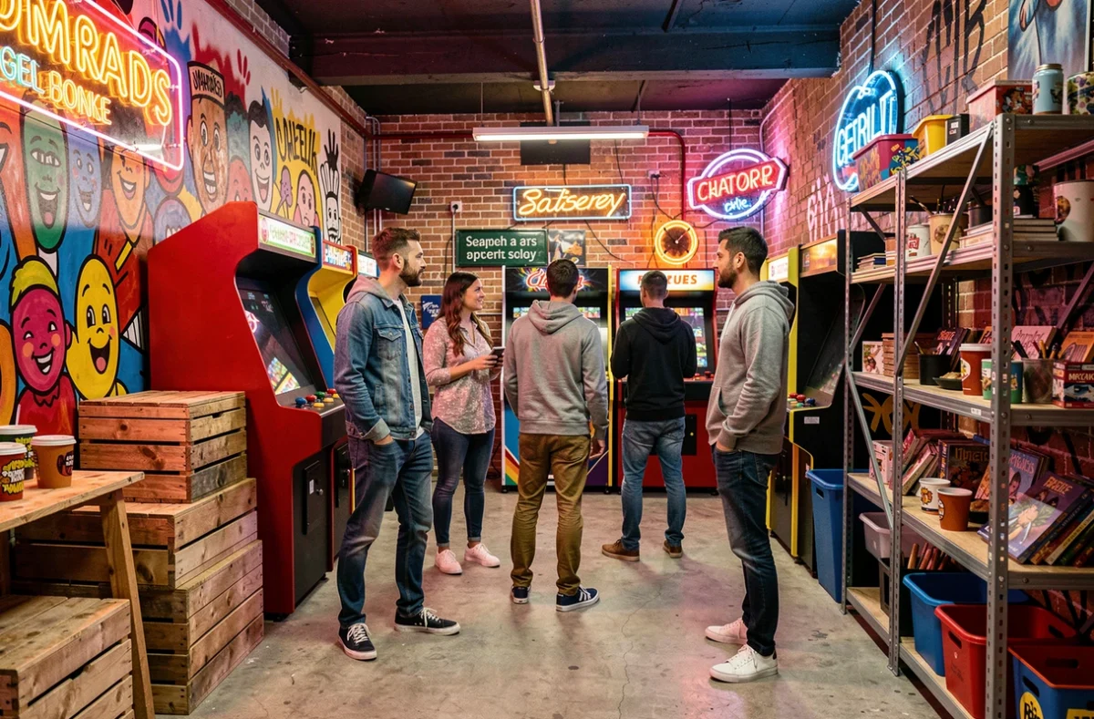 Salle d'escape game colorée avec fresques murales et machines d'arcade rétro dans le concept Eskap à Lyon