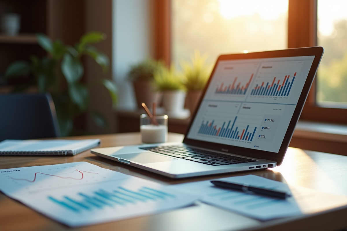 Espace de travail moderne avec ordinateur et graphiques
