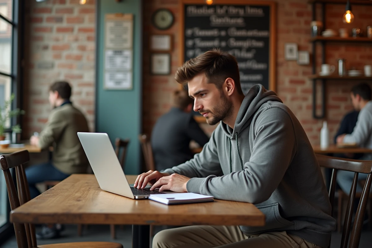 Étudiant en séjour à l'étranger convertissant des miles en kilomètres sur son ordinateur portable dans un café