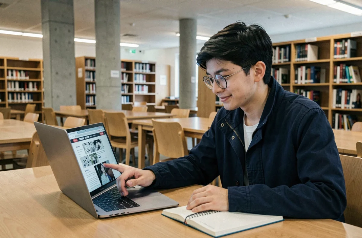 Étudiant consultant un site de manga en ligne sur son ordinateur portable dans une bibliothèque universitaire moderne
