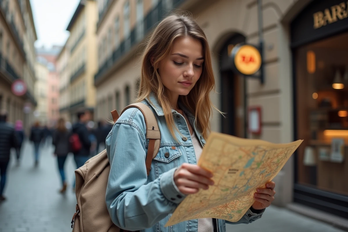 Étudiante étrangère consultant une carte papier dans une rue pavée européenne lors de ses déplacements à l'étranger