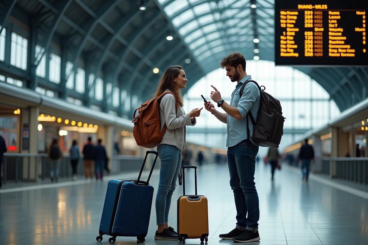 Deux étudiants internationaux consultant un tableau de départs en miles dans une gare pour planifier leurs trajets