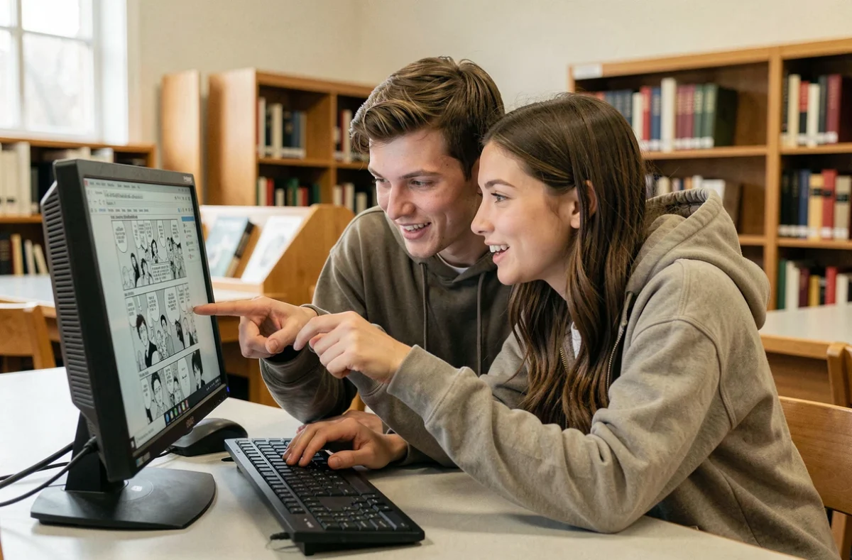 Deux étudiants recherchant ensemble des alternatives au site de scanlation Phoenix dans une bibliothèque