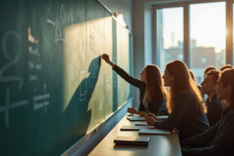 Étudiants en université collaborant dans une salle lumineuse