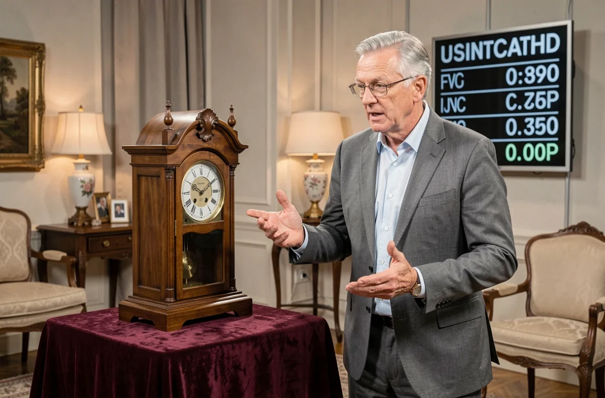 Expert commissaire-priseur estimant une horloge ancienne dans une émission d'enchères télévisée française