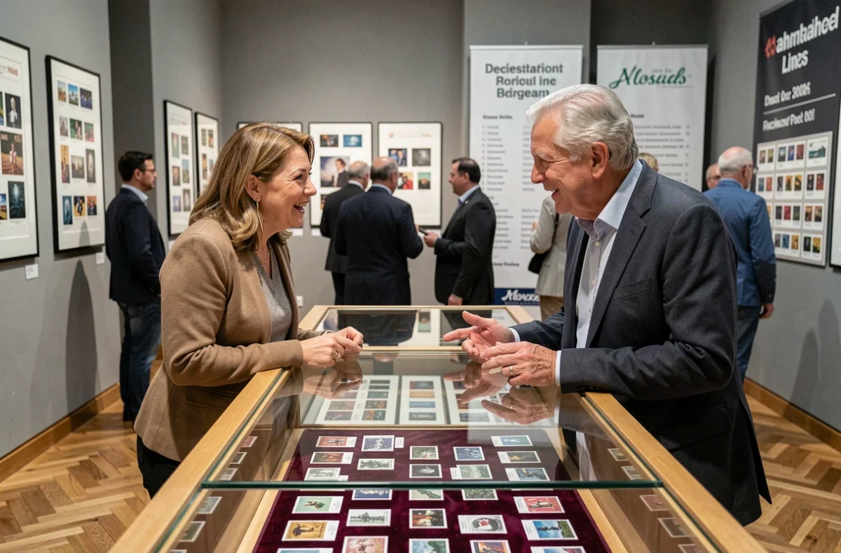 Deux collectionneurs discutant devant une vitrine de timbres rares lors d'une exposition philatélique