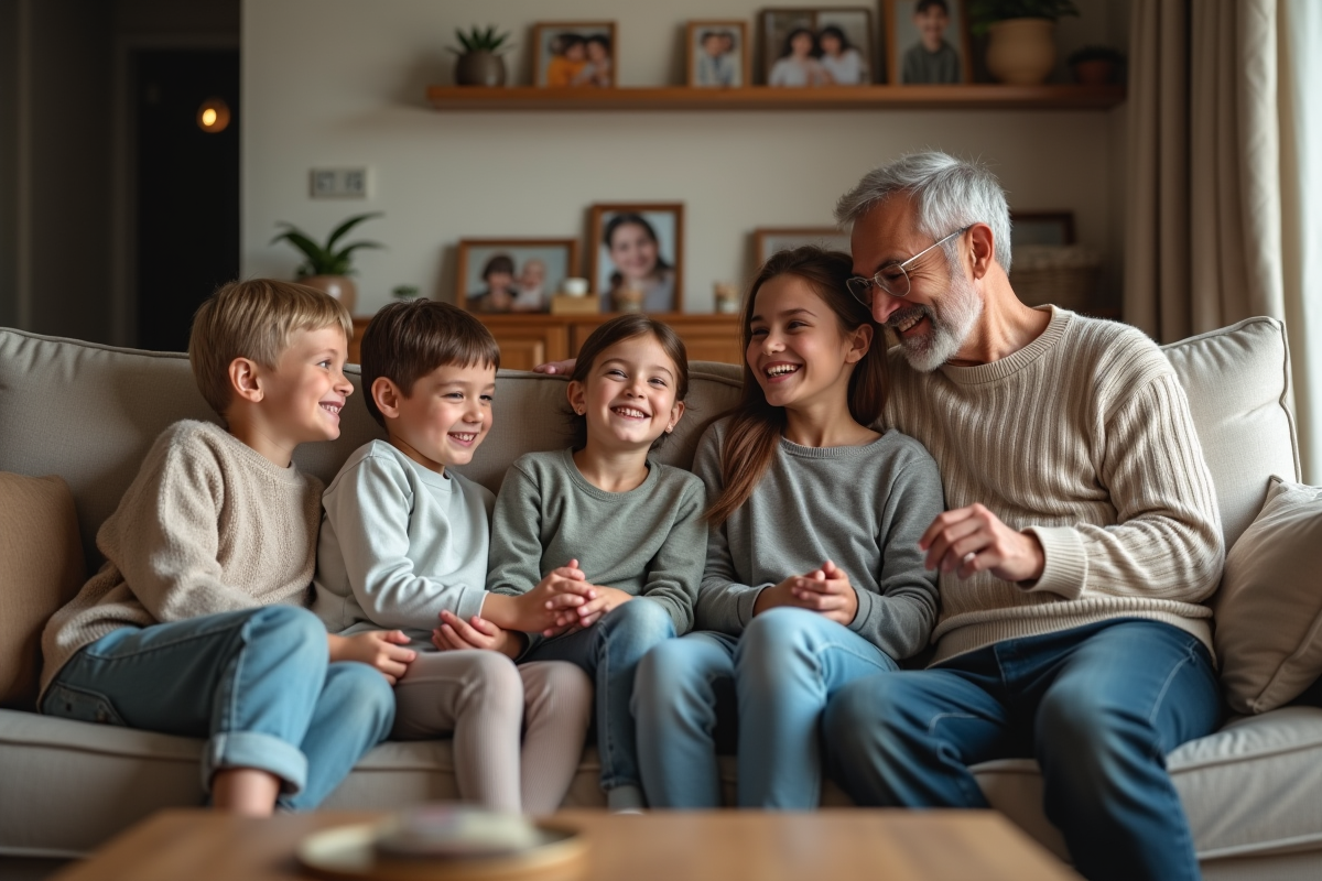 Famille multigenerationale dans un salon chaleureux