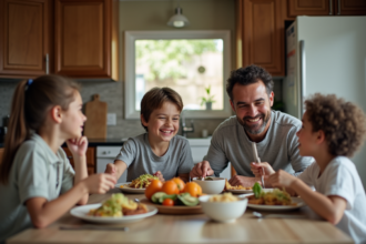 Famille recomposée partageant un repas dans la cuisine