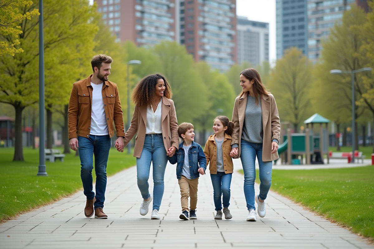 Famille moderne dans un parc urbain en promenade