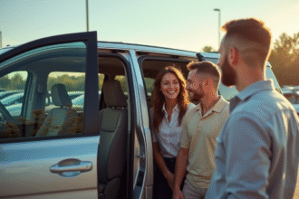 Famille inspectant un minivan 7 places en concession en plein soleil