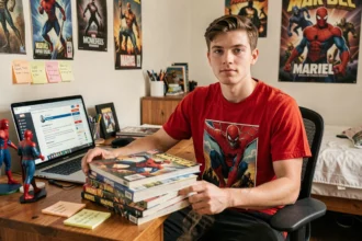 Fan Marvel assis à un bureau encombré de comics Spider-Man et Venom avec une timeline manuscrite pour comprendre l'ordre chronologique du MCU