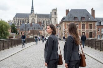 Femme d affaires dans un pont sur Amiens avec la cathédrale