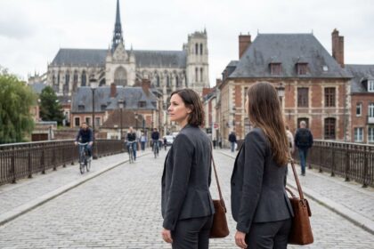 Femme d affaires dans un pont sur Amiens avec la cathédrale