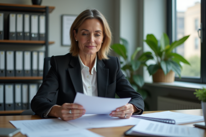 Femme d'affaires examinant des documents de zonage dans un bureau
