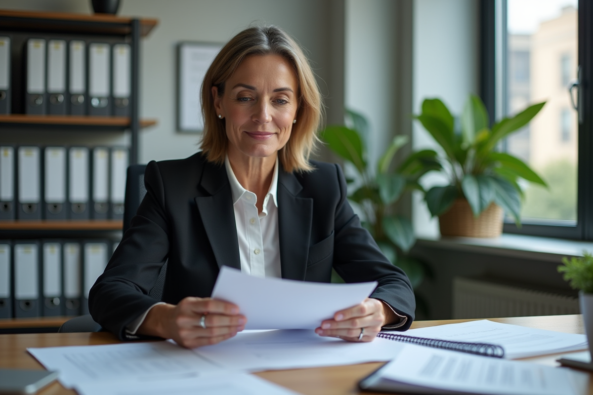 Femme d'affaires examinant des documents de zonage dans un bureau