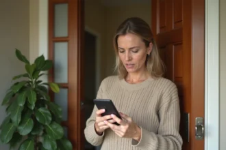 Femme méfiante regardant un numéro de téléphone inconnu sur son smartphone à la porte de sa maison, concept de livraison Amazon suspecte