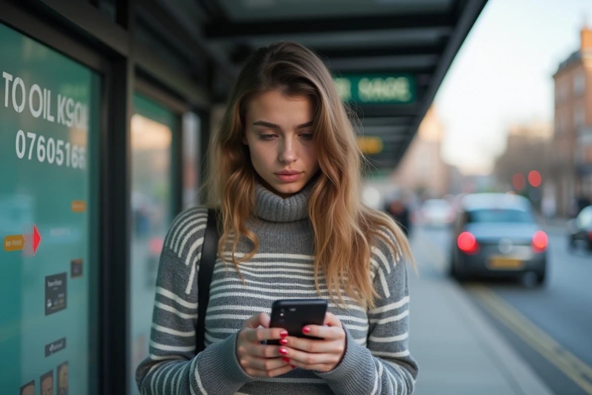 Jeune femme méfiante regardant son smartphone en extérieur