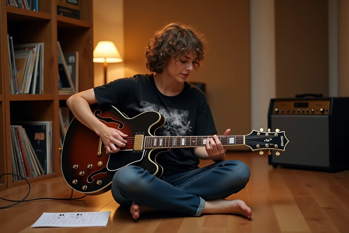 Femme apprenant l'accord B7 de blues sur une guitare Gibson ES-335 dans un studio maison