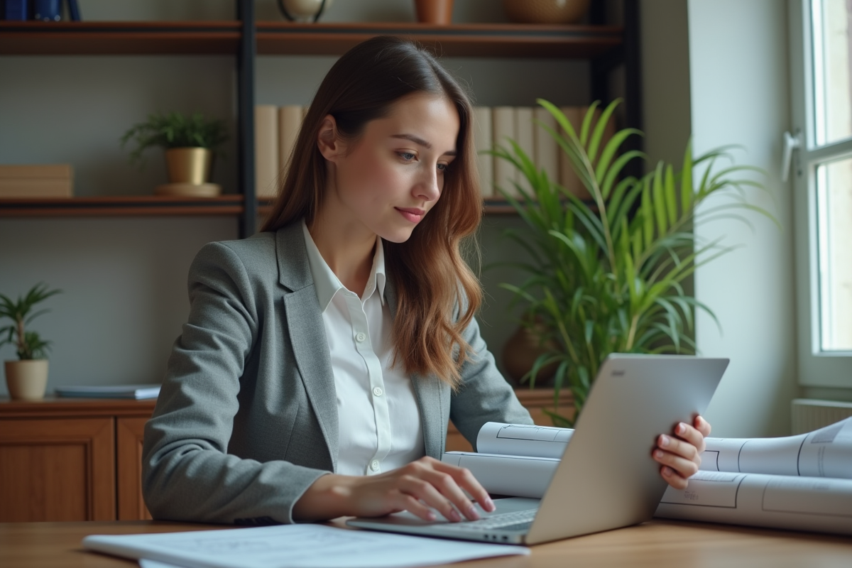 Jeune femme étudie rapport energie au bureau