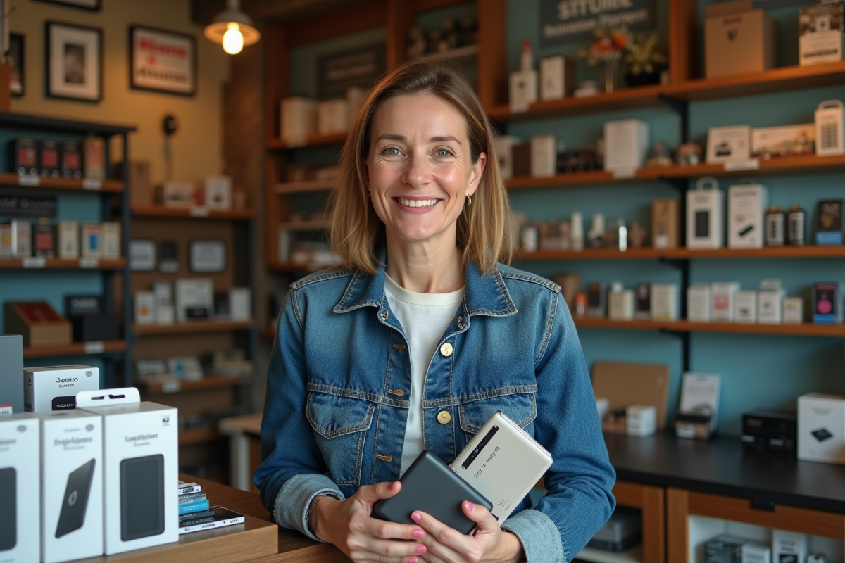 Femme française souriante avec batterie dans boutique