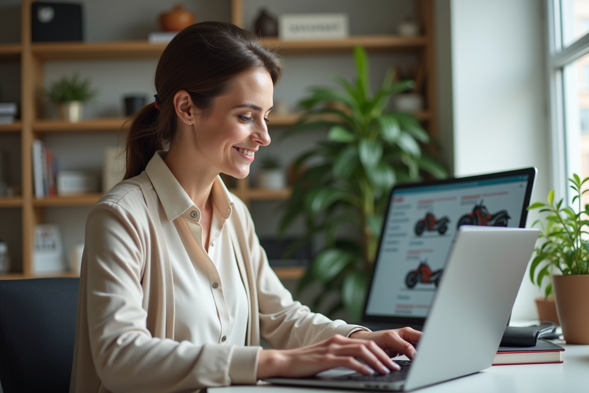 Femme consulte modèles de motos 125cc sur son ordinateur
