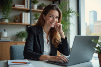 Femme en bureau moderne avec ordinateur et plantes