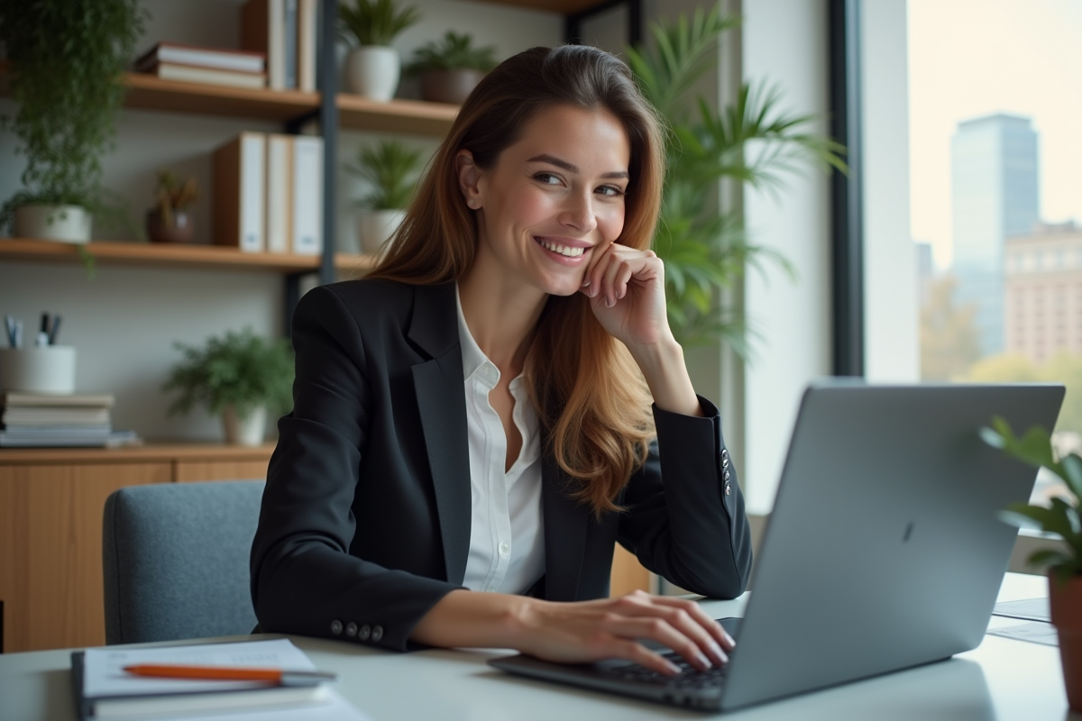 Femme en bureau moderne avec ordinateur et plantes
