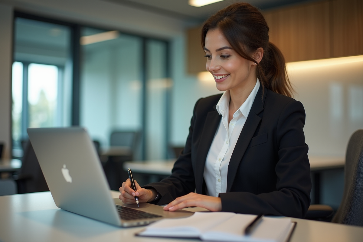 Femme en tenue professionnelle prenant des notes au bureau