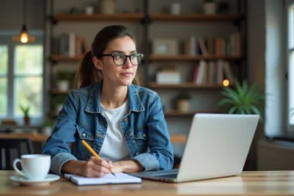 Femme en bureau moderne prenant des notes lors d'une registration de domaine