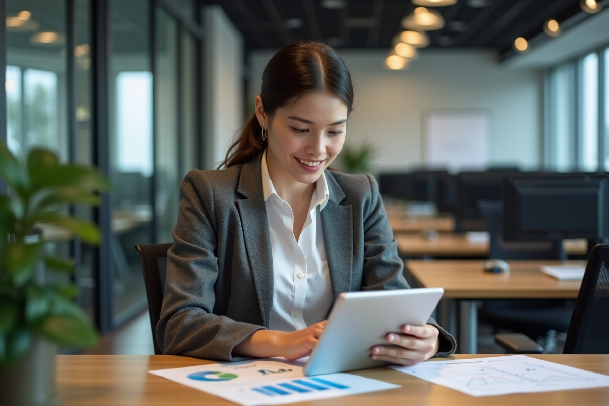 Jeune femme en bureau utilisant une tablette et charts