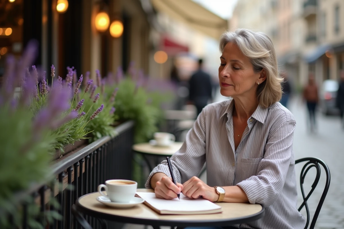 Femme écrivant dans un carnet à la terrasse d'un café français, illustrant l'acte d'écriture et la maîtrise des expressions françaises correctes à l'écrit