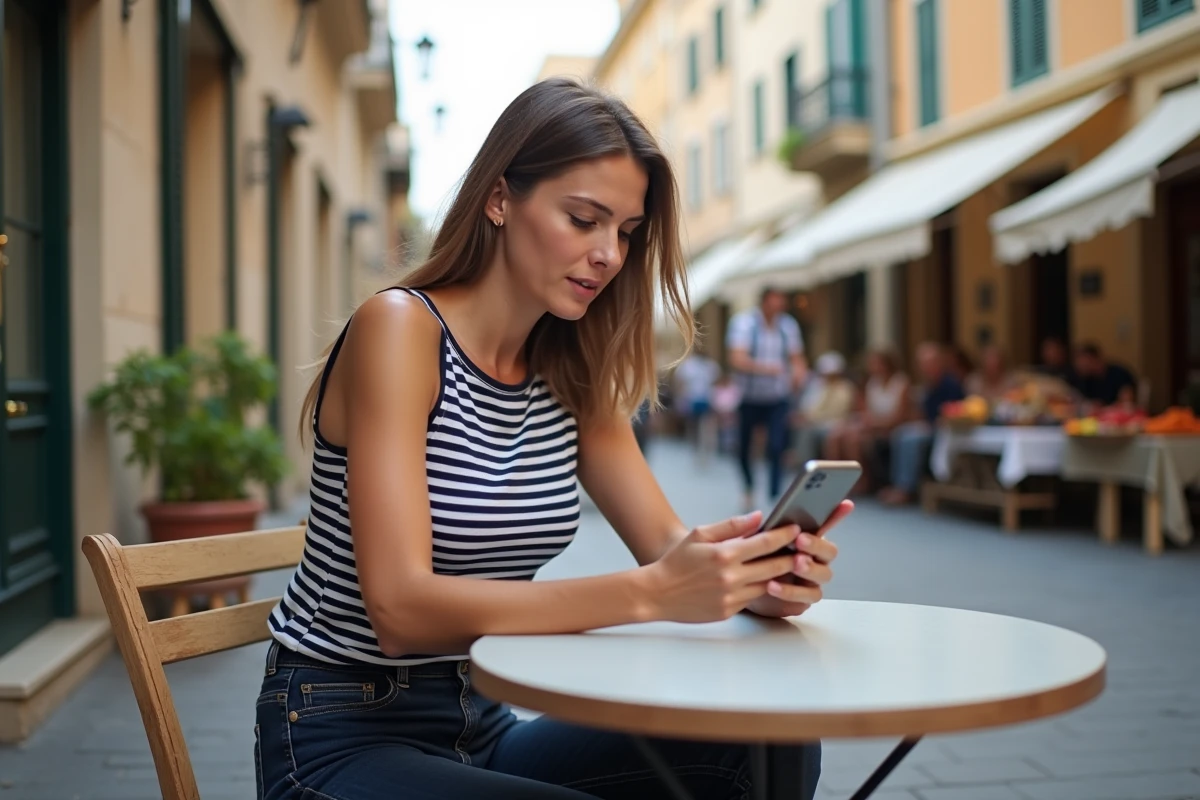Femme assise en terrasse de café sur une place animée de Marseille nord, consultant son téléphone pour choisir son quartier