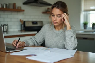 Femme consultant un relevé bancaire et un calendrier pour planifier la bascule de ses prélèvements automatiques