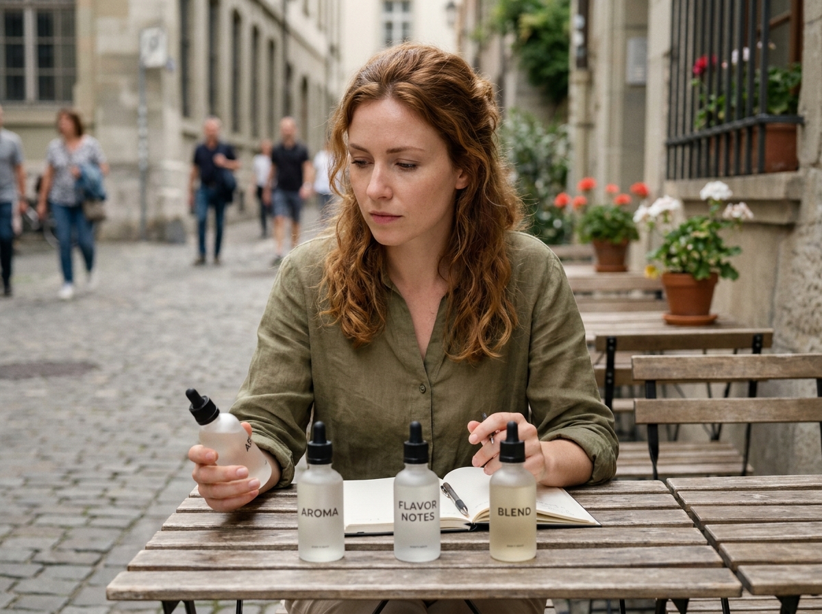 Femme comparant plusieurs flacons d'e-liquide sur une terrasse de café en plein air
