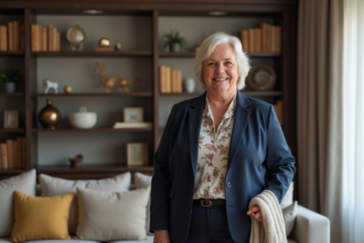 Femme confiante en salon élégant avec blazer navy