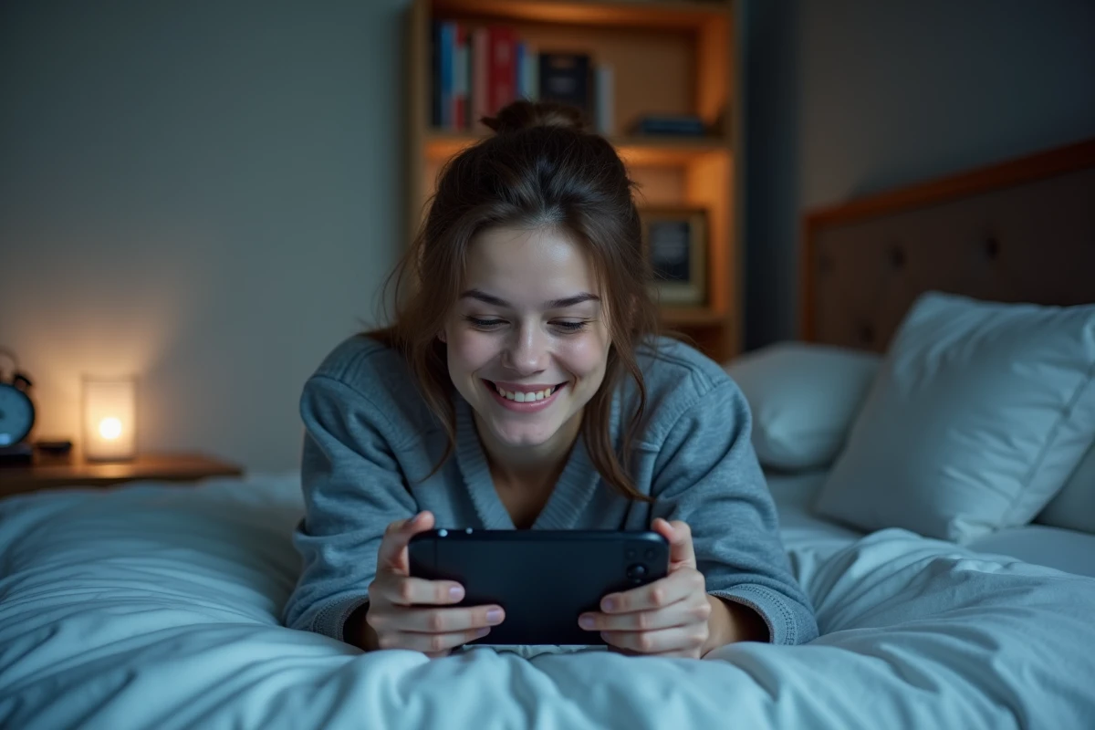 Femme adulte jouant à un jeu vidéo sur console portable allongée sur son lit tard le soir dans une chambre moderne