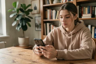 Jeune femme consultant TikTok sur son smartphone depuis son bureau à domicile pour optimiser l'heure de publication le vendredi