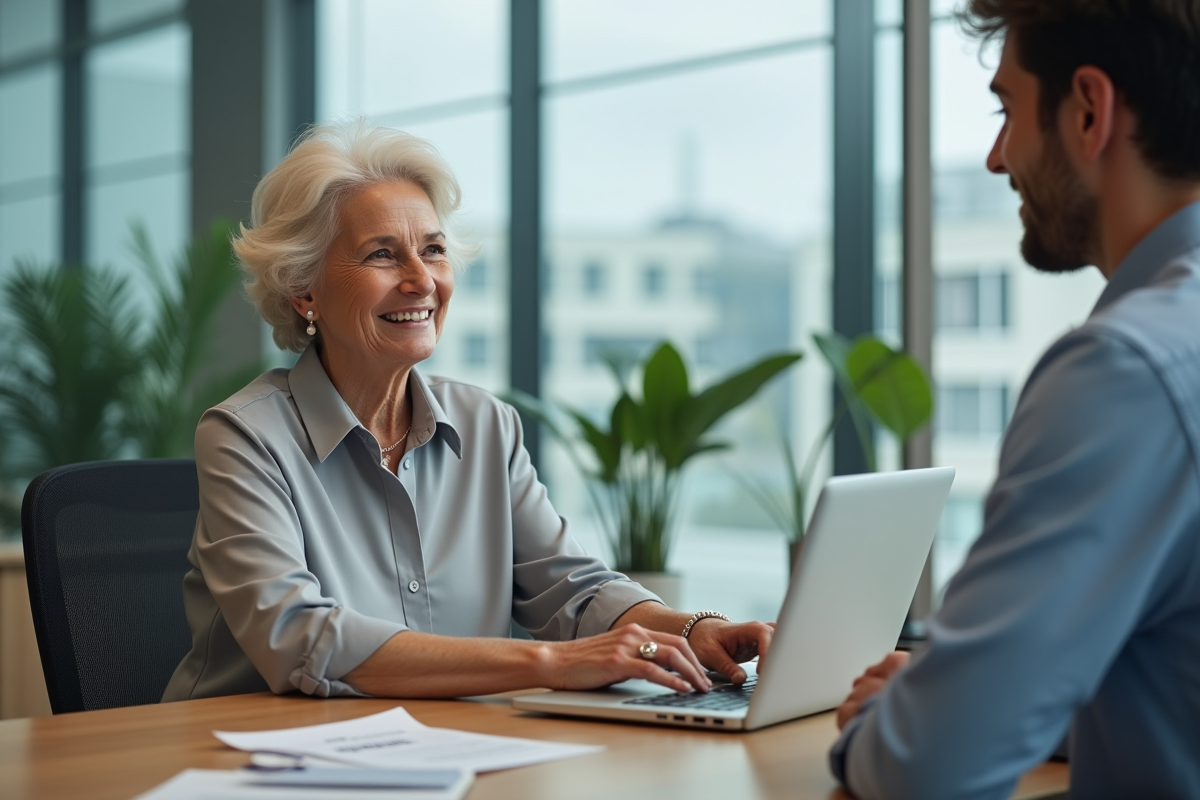 Femme âgée discutant avec un jeune homme dans une agence bancaire moderne