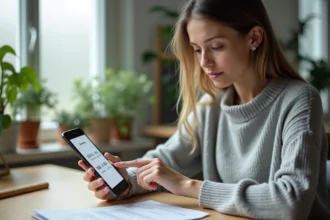 Femme utilisant une application de conversion pouces en centimètres sur smartphone à un bureau en bois
