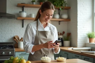 Femme utilisant une application de conversion sur smartphone en cuisine