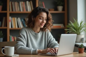 Jeune femme concentrée qui tape sur un ordinateur portable à son bureau, illustrant les règles d'orthographe de l'expression 'tu en penses quoi' à l'écrit