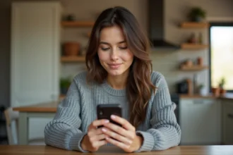 Jeune femme regardant son iPhone pour envoyer un SMS anonyme depuis sa cuisine