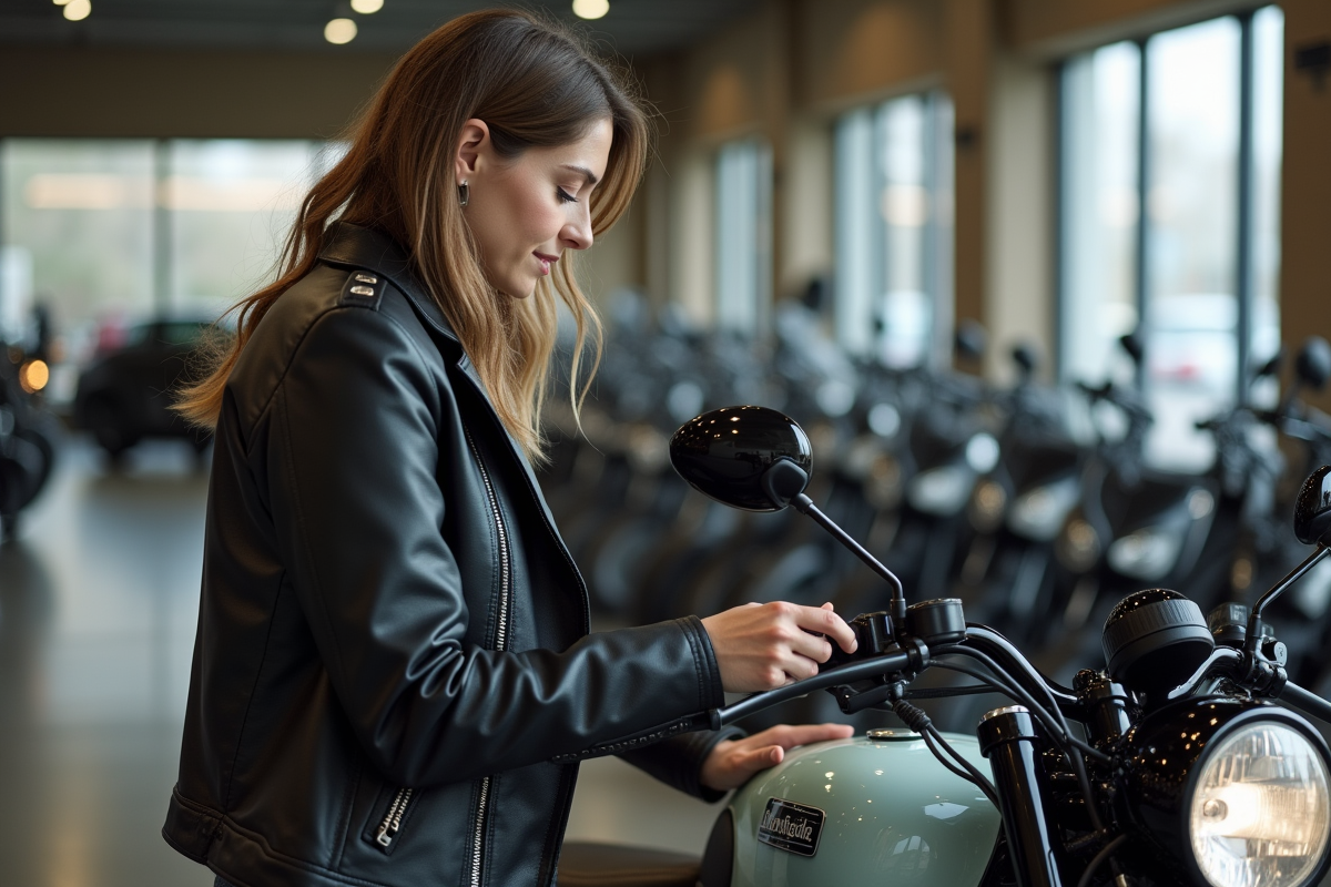 Femme inspectant moto dans concession moderne