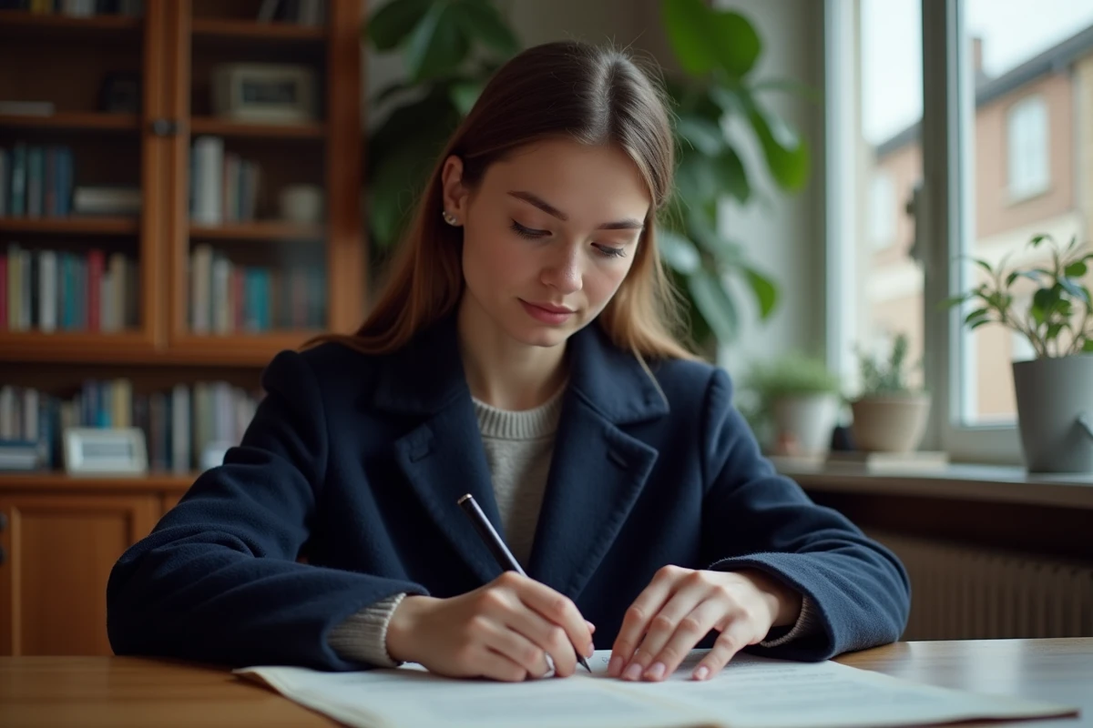 Jeune femme française traduit un manuel anglais à son bureau