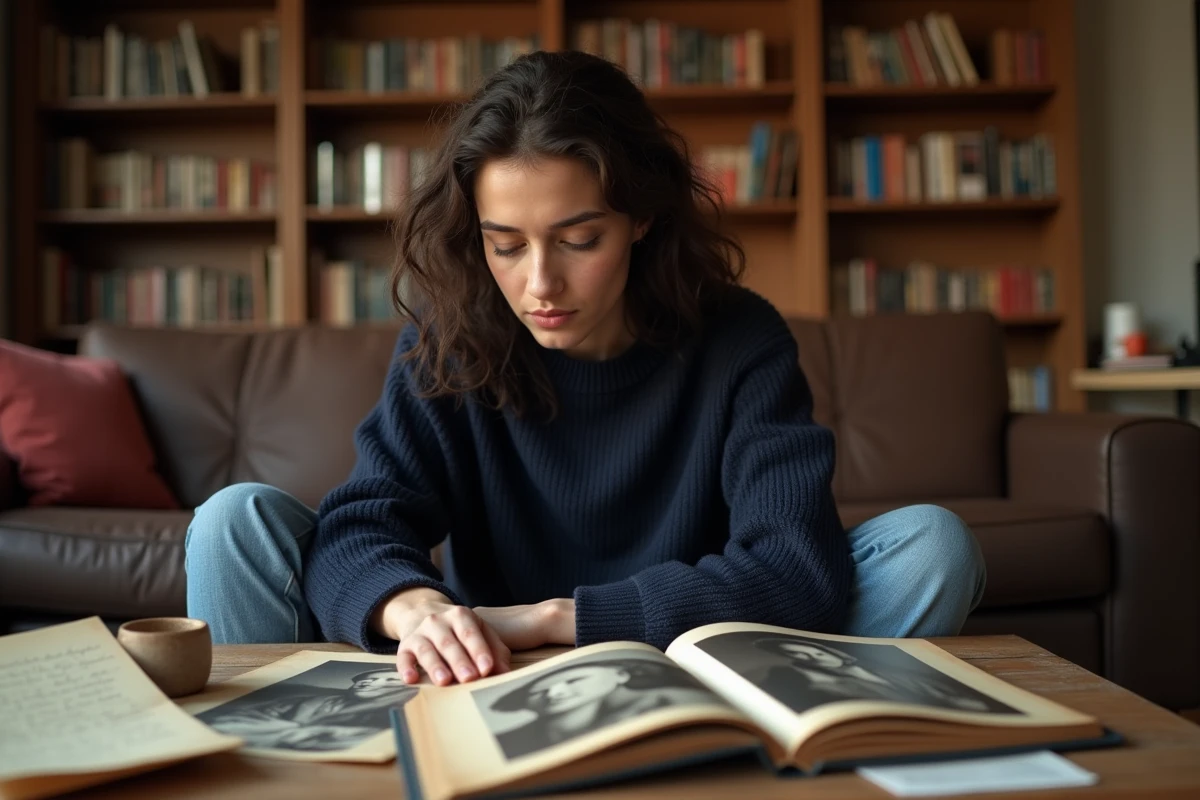 Jeune femme d'origine franco-marocaine consultant des albums photos de famille, explorant ses racines et son histoire personnelle