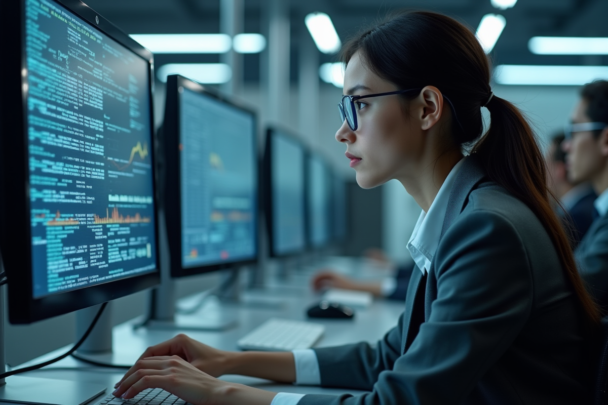 Jeune femme concentrée travaillant sur un ordinateur futuriste