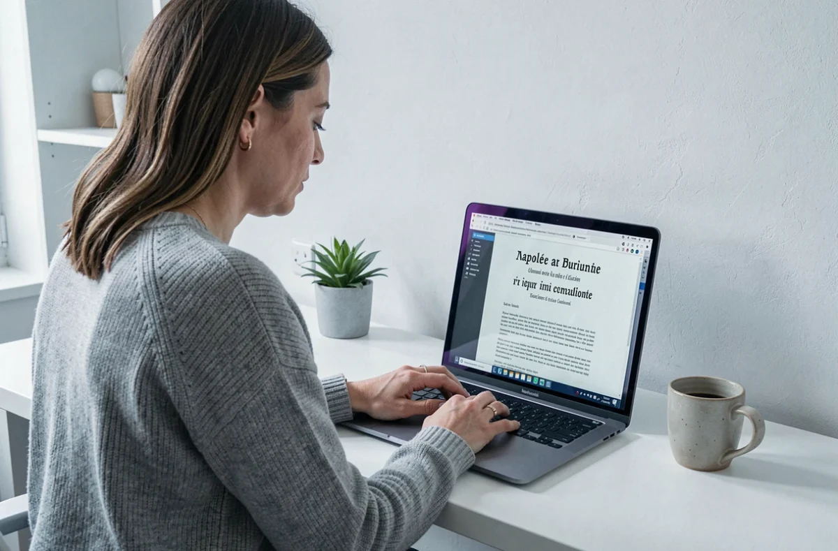 Femme utilisant le générateur de courrier napoleonseries.com sur son ordinateur portable