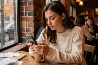 Femme contemplant l'heure miroir 22h22 sur son téléphone dans un café, symbolisant la signification flamme jumelle en amour
