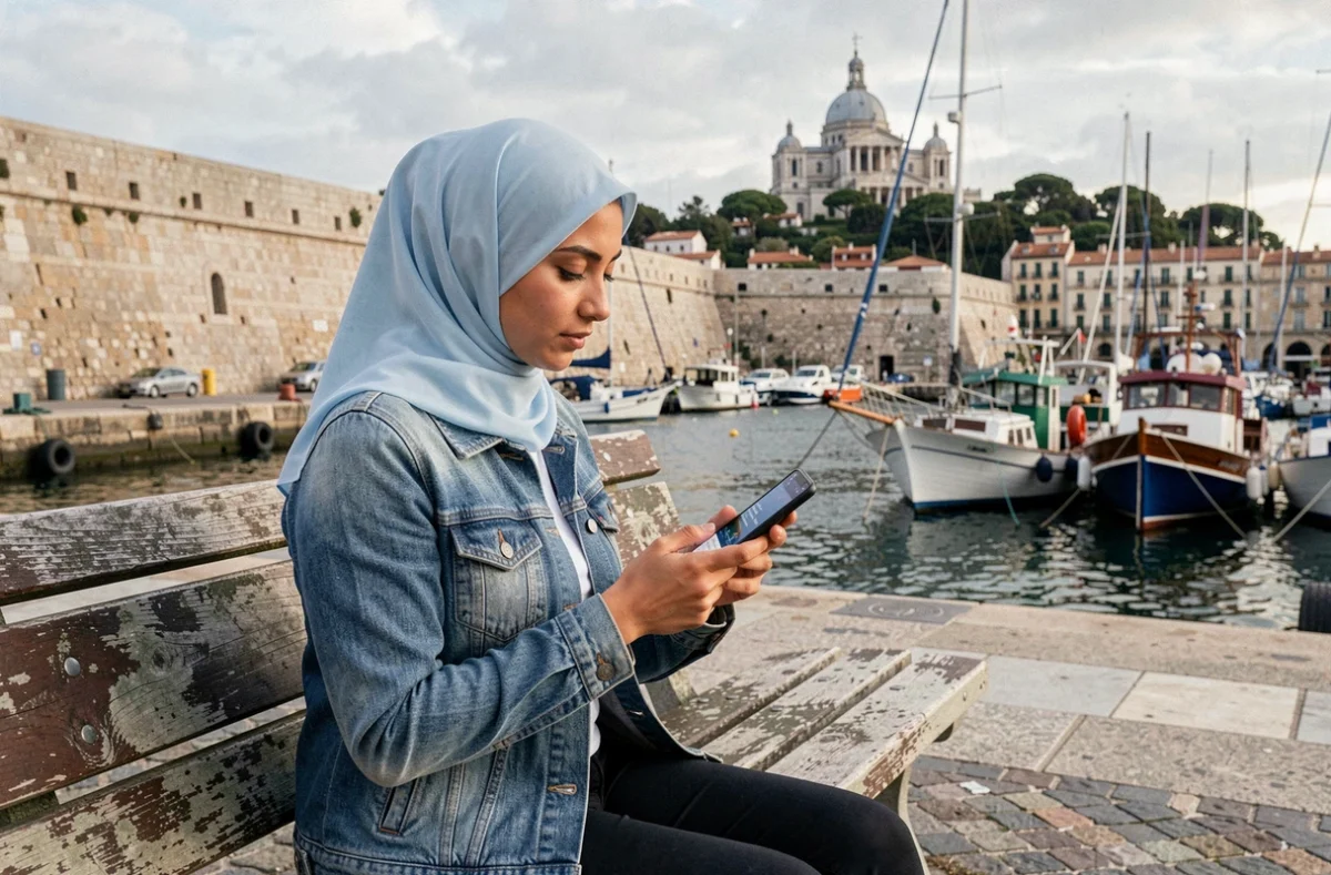 Jeune femme en hijab consultant une application d'horaires de prière sur son téléphone au Vieux-Port de Marseille
