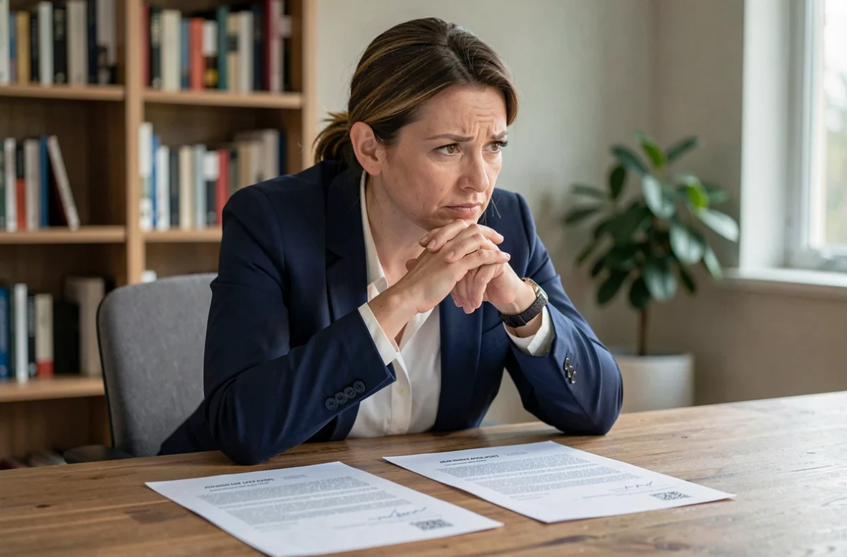 Femme en pleine réflexion face à deux offres d'emploi identiques illustrant l'indécision chronique